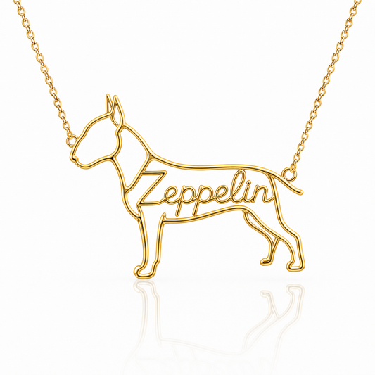 Soulyshine Bull Terrier personalized dog silhouette name necklace in gold - Zeppelin design