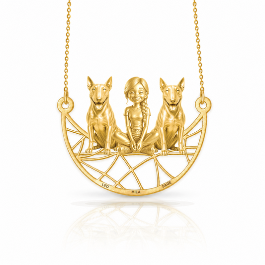 Personalized Bull Terrier girl and her dogs necklace - front view