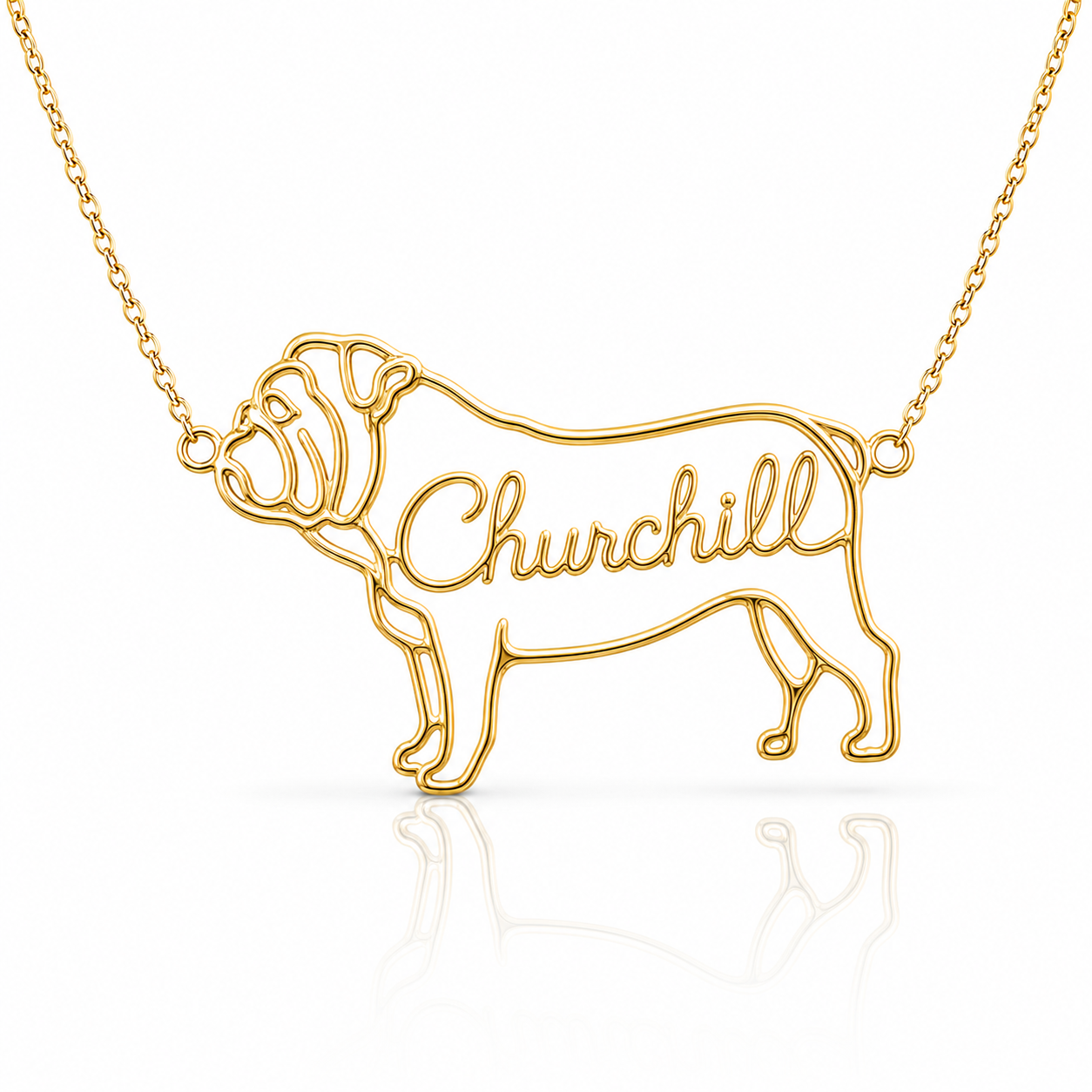 Soulyshine Bulldog personalized dog silhouette name necklace in gold - Churchill design