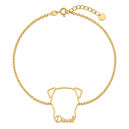Soulyshine Bullmastiff Whisper Outline pet face and Diesel name handcrafted bracelet - 18K Gold Vermeil front