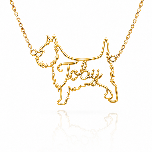 Soulyshine Cairn Terrier personalized dog silhouette name necklace in gold - Toby design