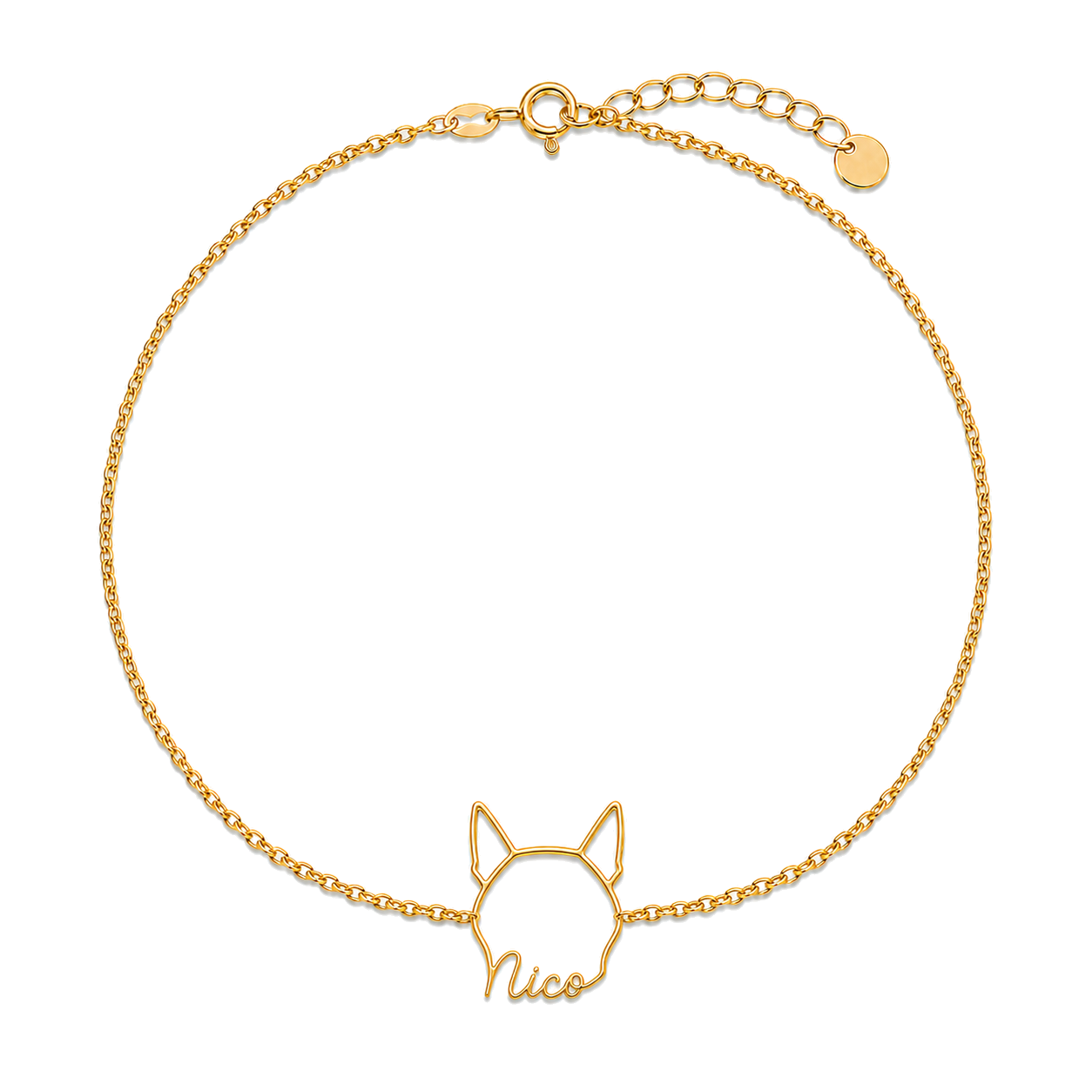 Soulyshine Canaan Dog Whisper Outline pet face and Nico name handcrafted bracelet - 18K Gold Vermeil front