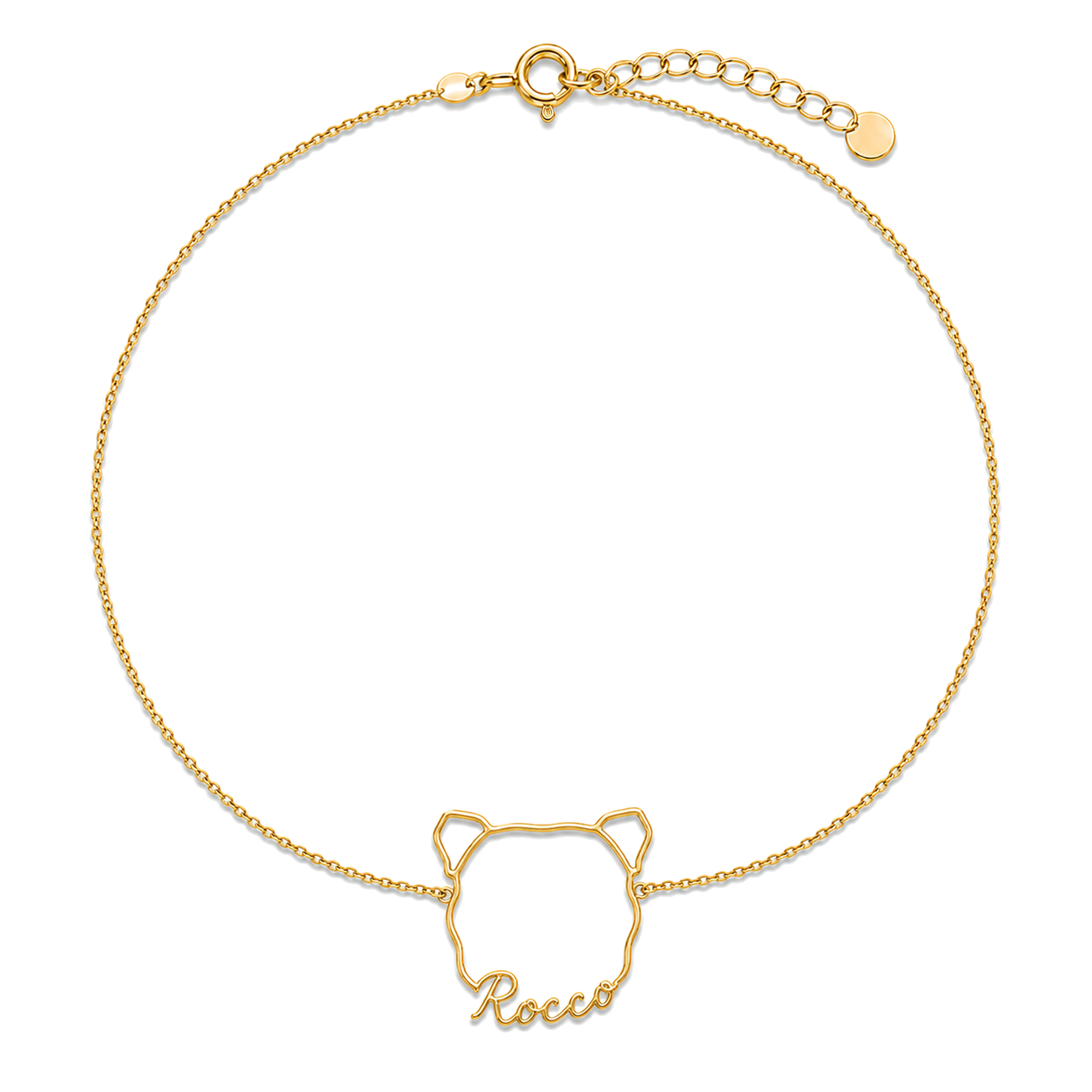 Soulyshine Cane Corso Whisper Outline pet face and Rocco name handcrafted bracelet - 18K Gold Vermeil front