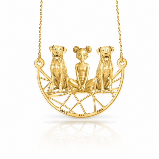 Personalized Catahoula Leopard Dog girl and her dogs necklace - front view