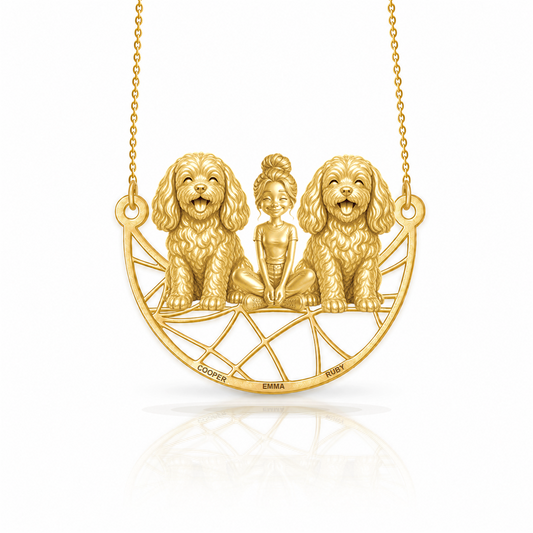 Personalized Cavachon girl and her dogs necklace - front view
