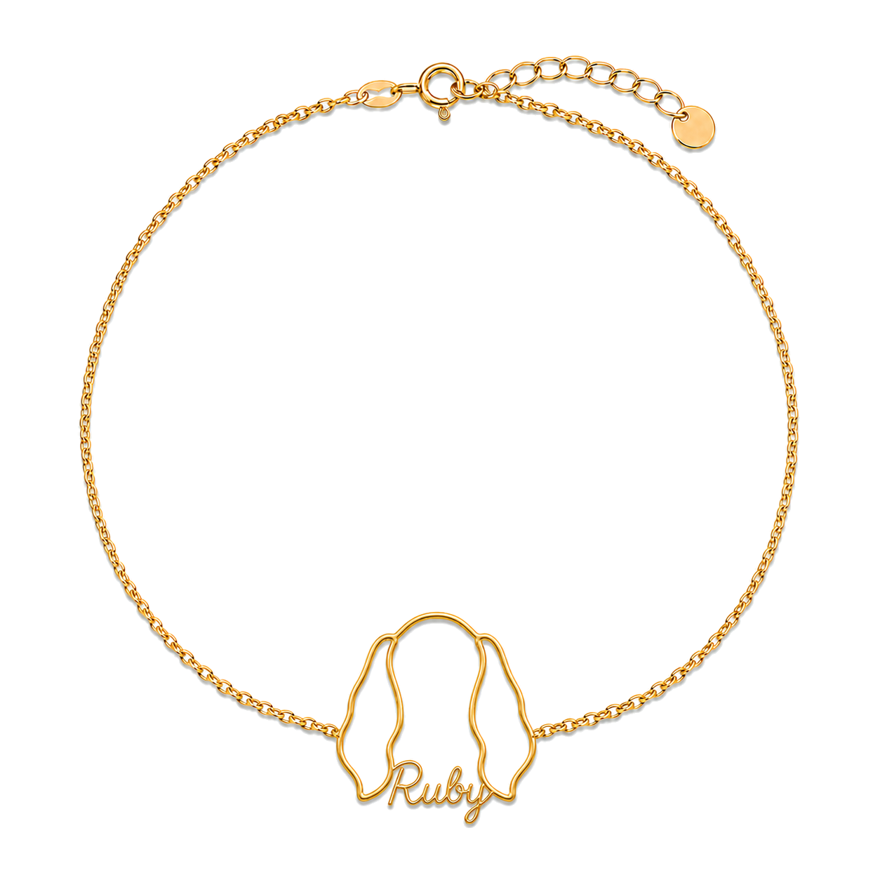 Soulyshine Cavalier King Charles Spaniel Whisper Outline pet face and Ruby name handcrafted bracelet - 18K Gold Vermeil front