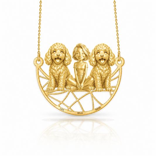 Personalized Cavapoo girl and her dogs necklace - front view