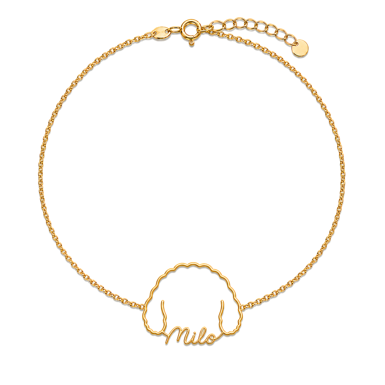 Soulyshine Cavapoo Whisper Outline pet face and Milo name handcrafted bracelet - 18K Gold Vermeil front
