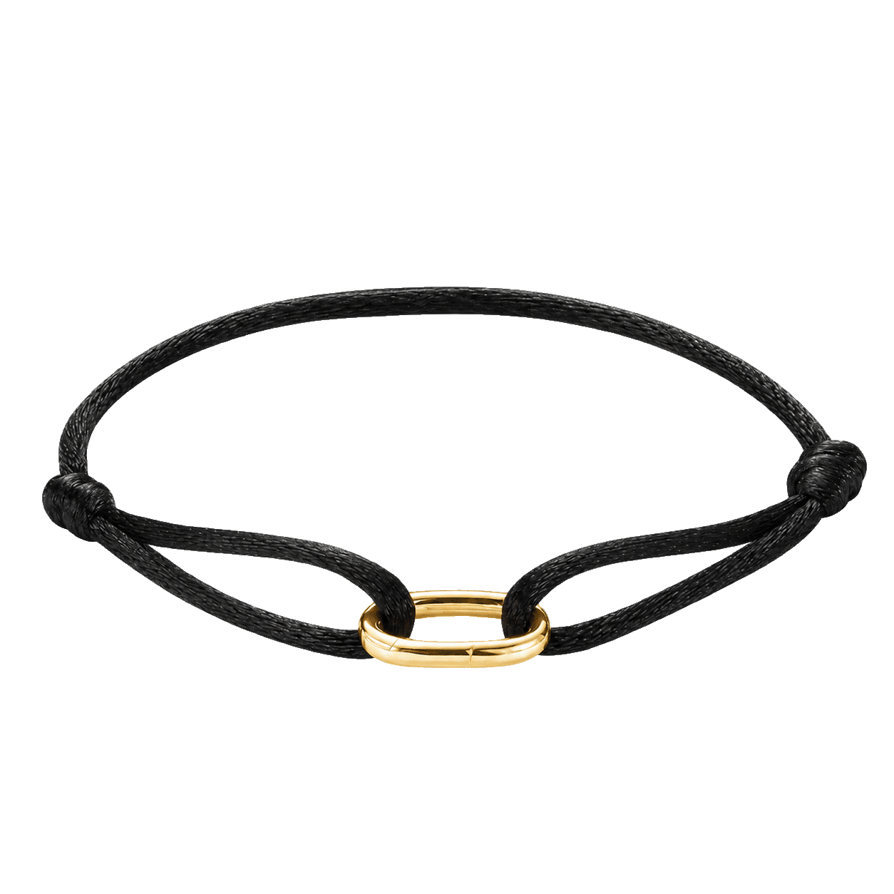 Minimalist black cord bracelet with a yellow gold oval connector for personalized pet charms.