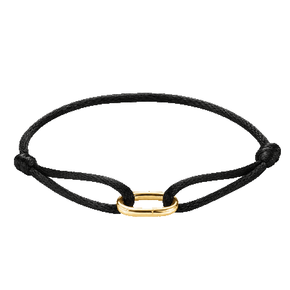 Minimalist black cord bracelet with a yellow gold oval connector for personalized pet charms.