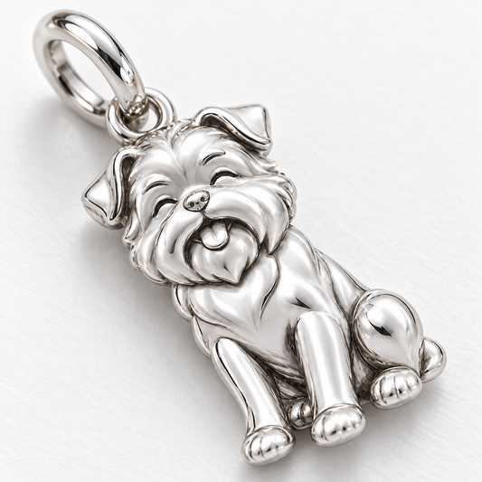 Close up view of a polished silver dog breed charm showing detailed fur texture and happy face.