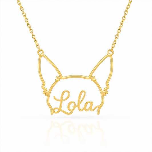 Soulyshine Chihuahua - long hair personalized outline pet face and name necklace in gold