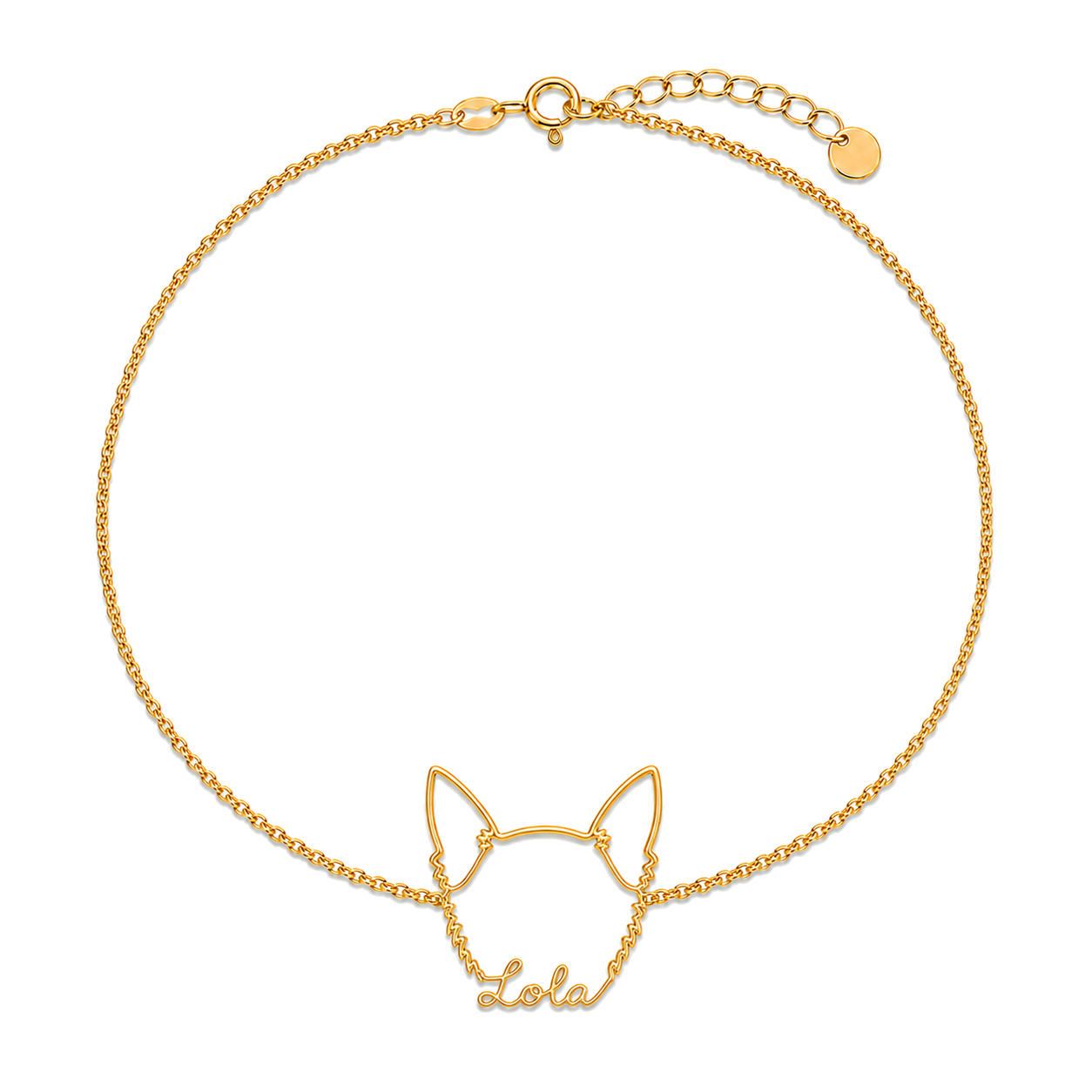 Soulyshine Chihuahua - long hair Whisper Outline pet face and Lola name handcrafted bracelet - 18K Gold Vermeil front