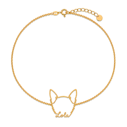 Soulyshine Chihuahua - long hair Whisper Outline pet face and Lola name handcrafted bracelet - 18K Gold Vermeil front