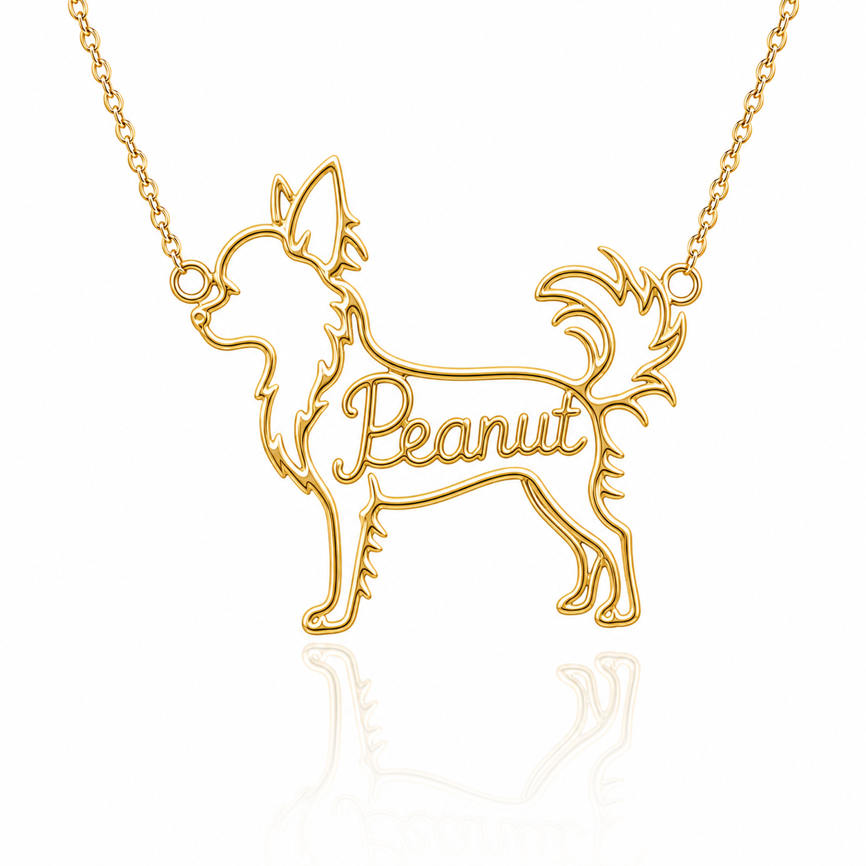 Soulyshine Chihuahua long hair personalized dog silhouette name necklace in gold - Peanut design