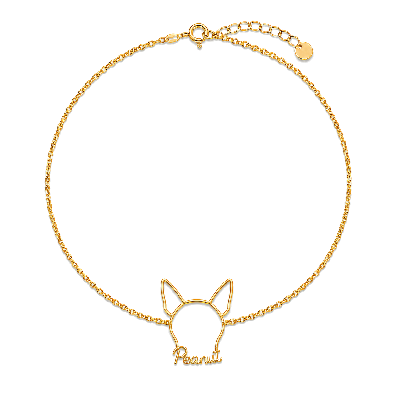 Soulyshine Chihuahua - short hair Whisper Outline pet face and Peanut name handcrafted bracelet - 18K Gold Vermeil front