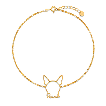 Soulyshine Chihuahua - short hair Whisper Outline pet face and Peanut name handcrafted bracelet - 18K Gold Vermeil front