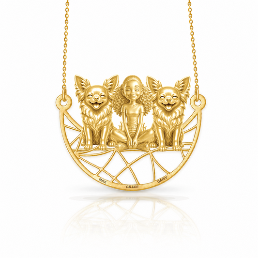 Personalized Chihuahua - long hair girl and her dogs necklace - front view