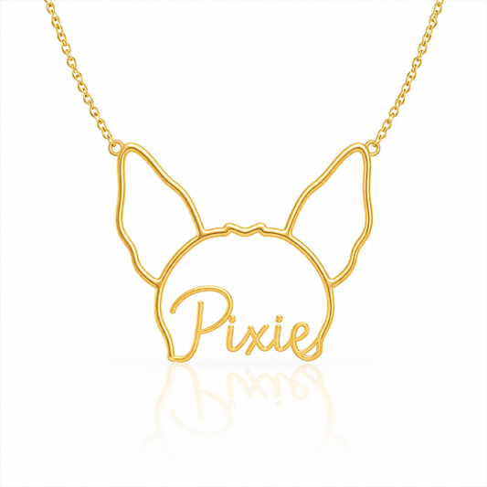 Soulyshine Chinese Crested - hairless personalized outline pet face and name necklace in gold