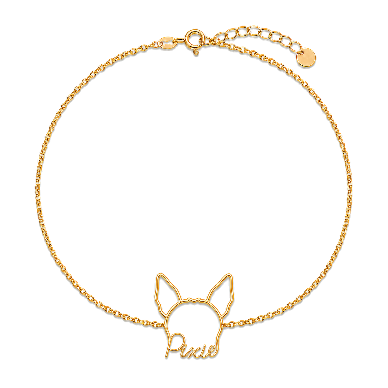 Soulyshine Chinese Crested - hairless Whisper Outline pet face and Pixie name handcrafted bracelet - 18K Gold Vermeil front