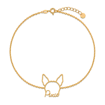 Soulyshine Chinese Crested - hairless Whisper Outline pet face and Pixie name handcrafted bracelet - 18K Gold Vermeil front
