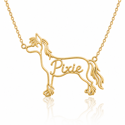 Soulyshine Chinese Crested hairless personalized dog silhouette name necklace in gold - Pixie design