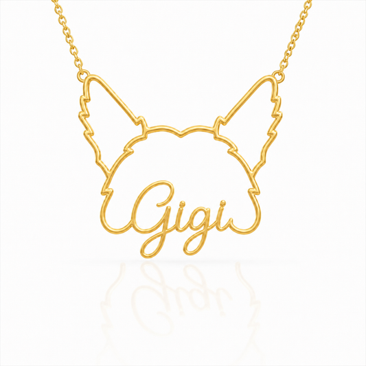 Soulyshine Chinese Crested - powderpuff personalized outline pet face and name necklace in gold