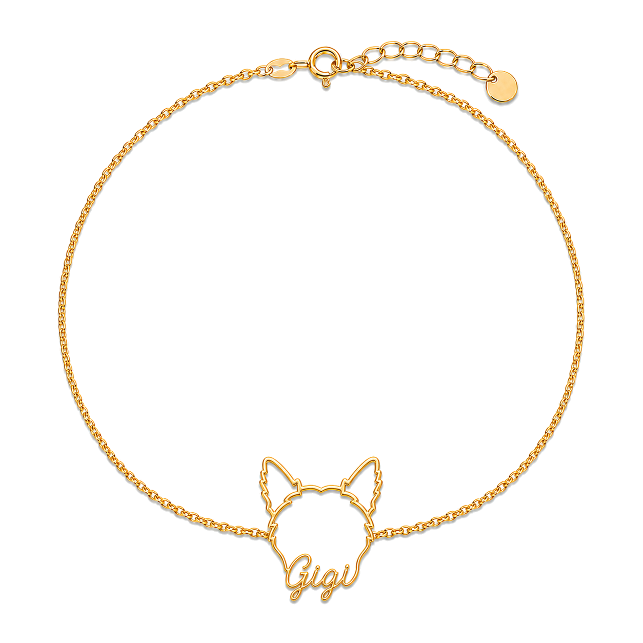Soulyshine Chinese Crested - powderpuff Whisper Outline pet face and Gigi name handcrafted bracelet - 18K Gold Vermeil front