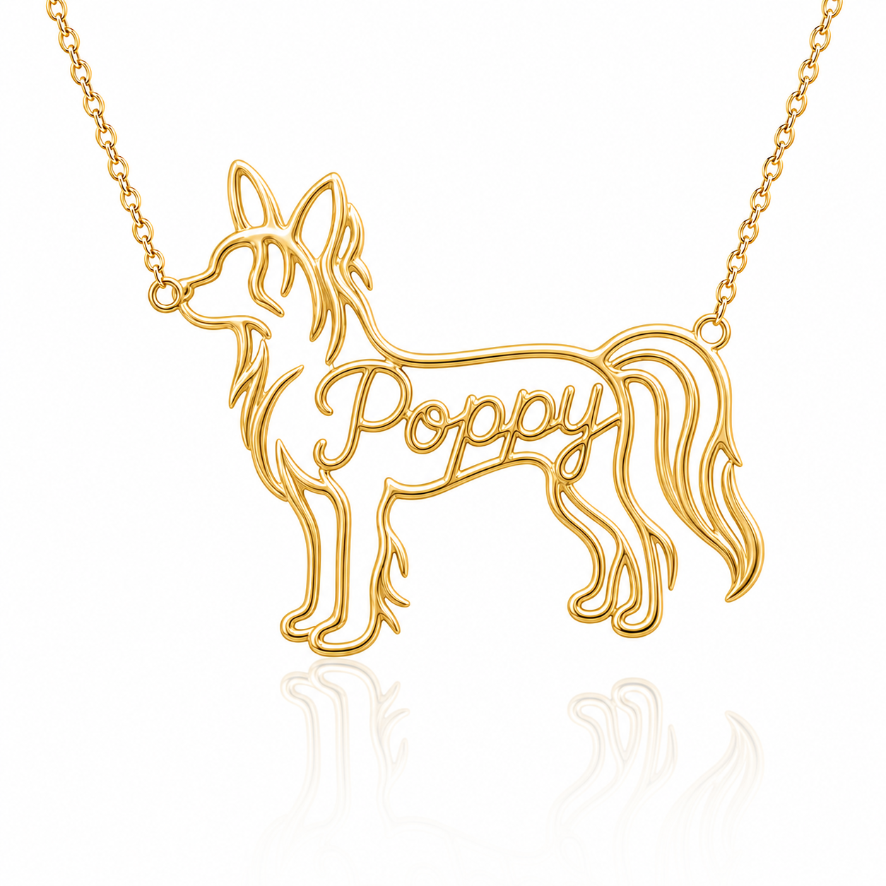 Soulyshine Chinese Crested powderpuff personalized dog silhouette name necklace in gold - Poppy design