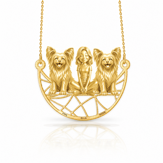 Personalized Chinese Crested - powderpuff girl and her dogs necklace - front view