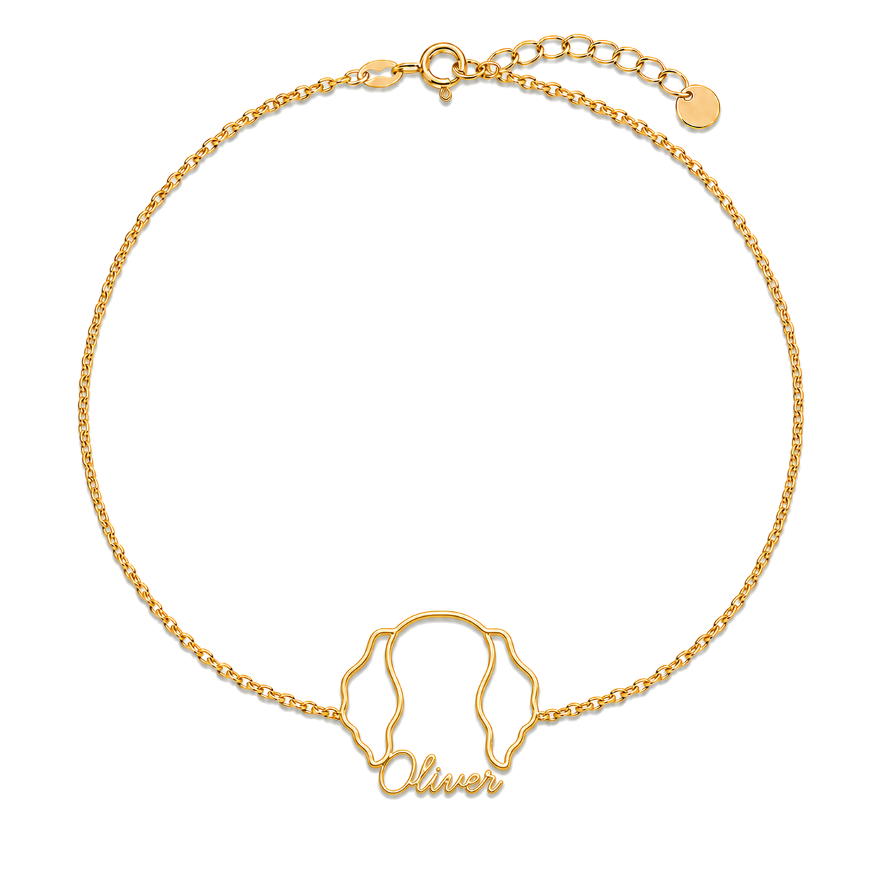 Soulyshine Clumber Spaniel Whisper Outline pet face and Oliver name handcrafted bracelet - 18K Gold Vermeil front