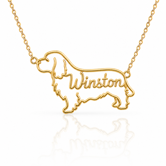 Soulyshine Clumber Spaniel personalized dog silhouette name necklace in gold - Winston design