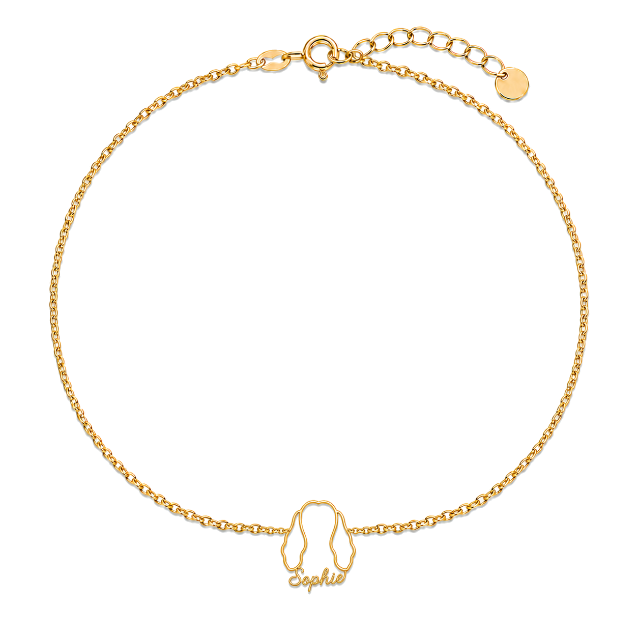 Soulyshine Cocker Spaniel Whisper Outline pet face and Sophie name handcrafted bracelet - 18K Gold Vermeil front