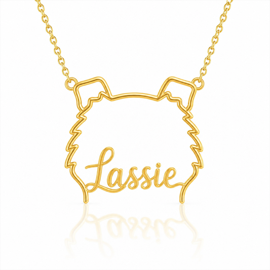 Soulyshine Collie - rough coat personalized outline pet face and name necklace in gold