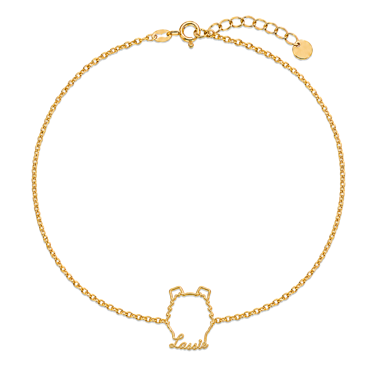 Soulyshine Collie - rough coat Whisper Outline pet face and Lassie name handcrafted bracelet - 18K Gold Vermeil front
