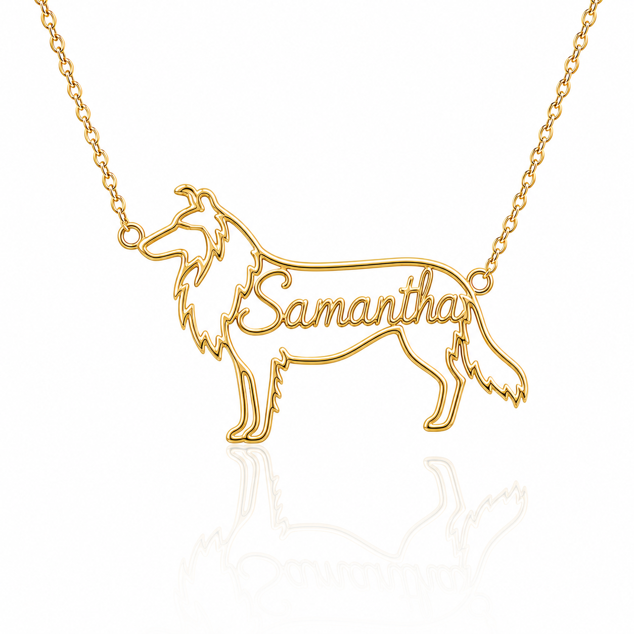Soulyshine Collie rough coat personalized dog silhouette name necklace in gold - Samantha design