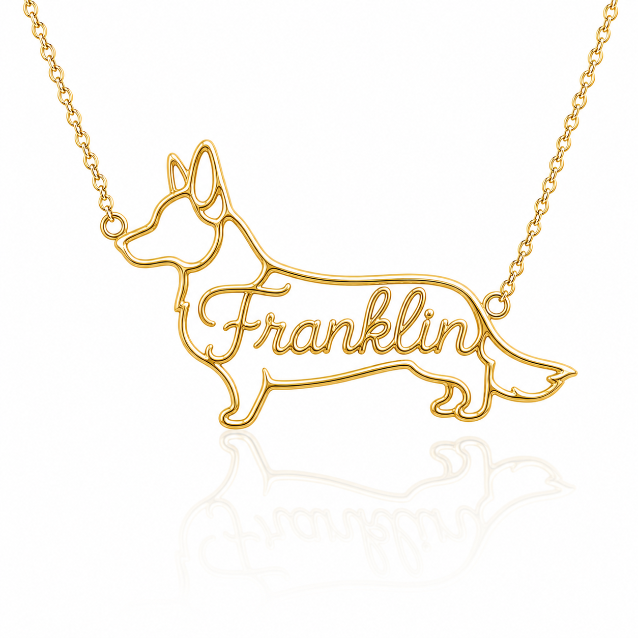 Soulyshine Corgi Cardigan personalized dog silhouette name necklace in gold - Franklin design