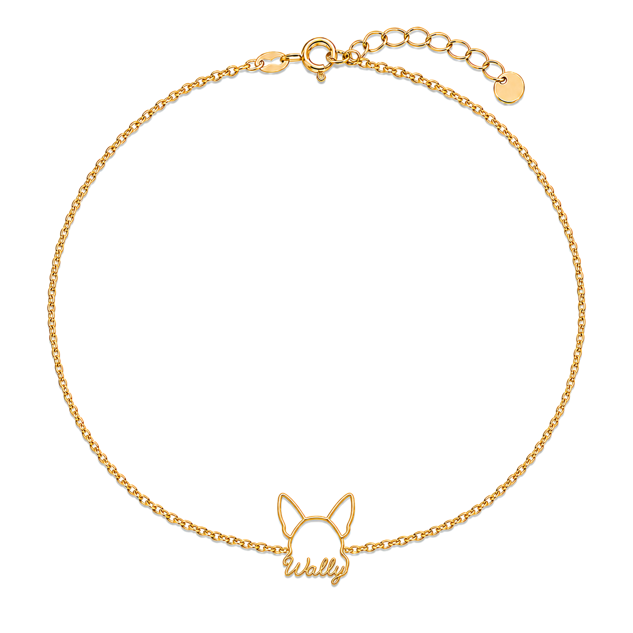 Soulyshine Corgi - Cardigan Whisper Outline pet face and Wally name handcrafted bracelet - 18K Gold Vermeil front