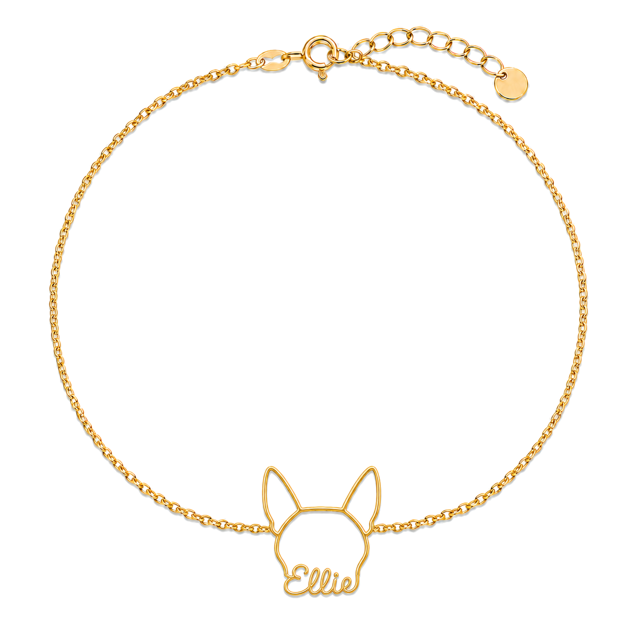 Soulyshine Corgi - Pembroke Whisper Outline pet face and Ellie name handcrafted bracelet - 18K Gold Vermeil front