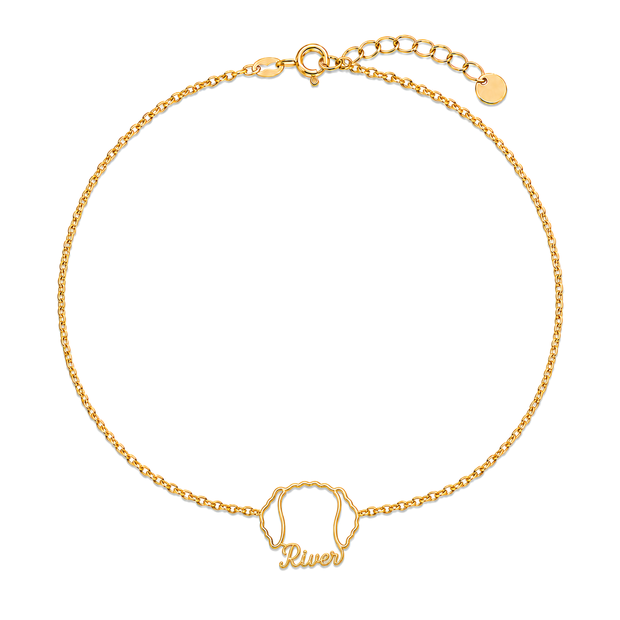 Soulyshine Curly-Coated Retriever Whisper Outline pet face and River name handcrafted bracelet - 18K Gold Vermeil front