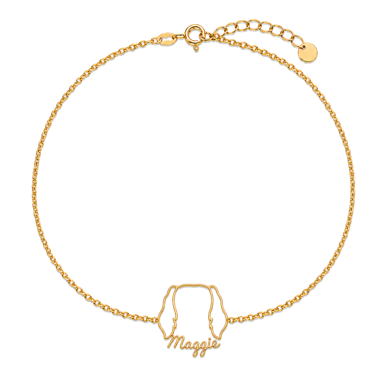 Soulyshine Dachshund - longhair Whisper Outline pet face and Maggie name handcrafted bracelet - 18K Gold Vermeil front