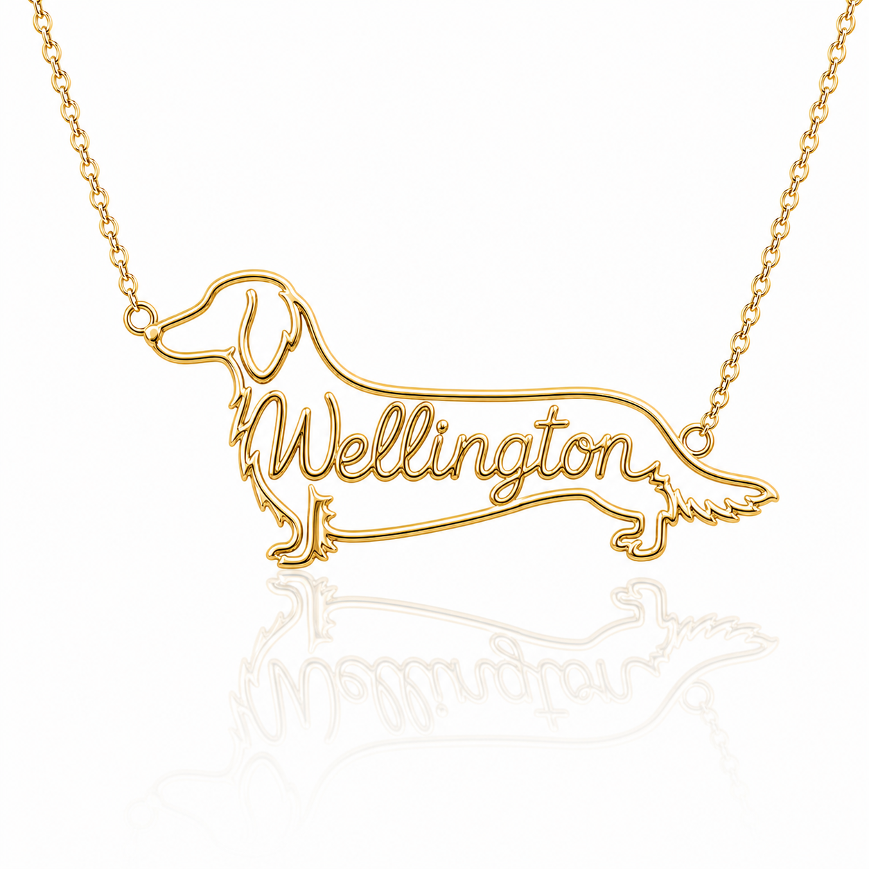 Soulyshine Dachshund longhair personalized dog silhouette name necklace in gold - Wellington design