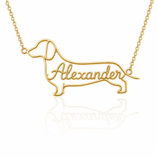 Soulyshine Dachshund smooth coat personalized dog silhouette name necklace in gold - Alexander design