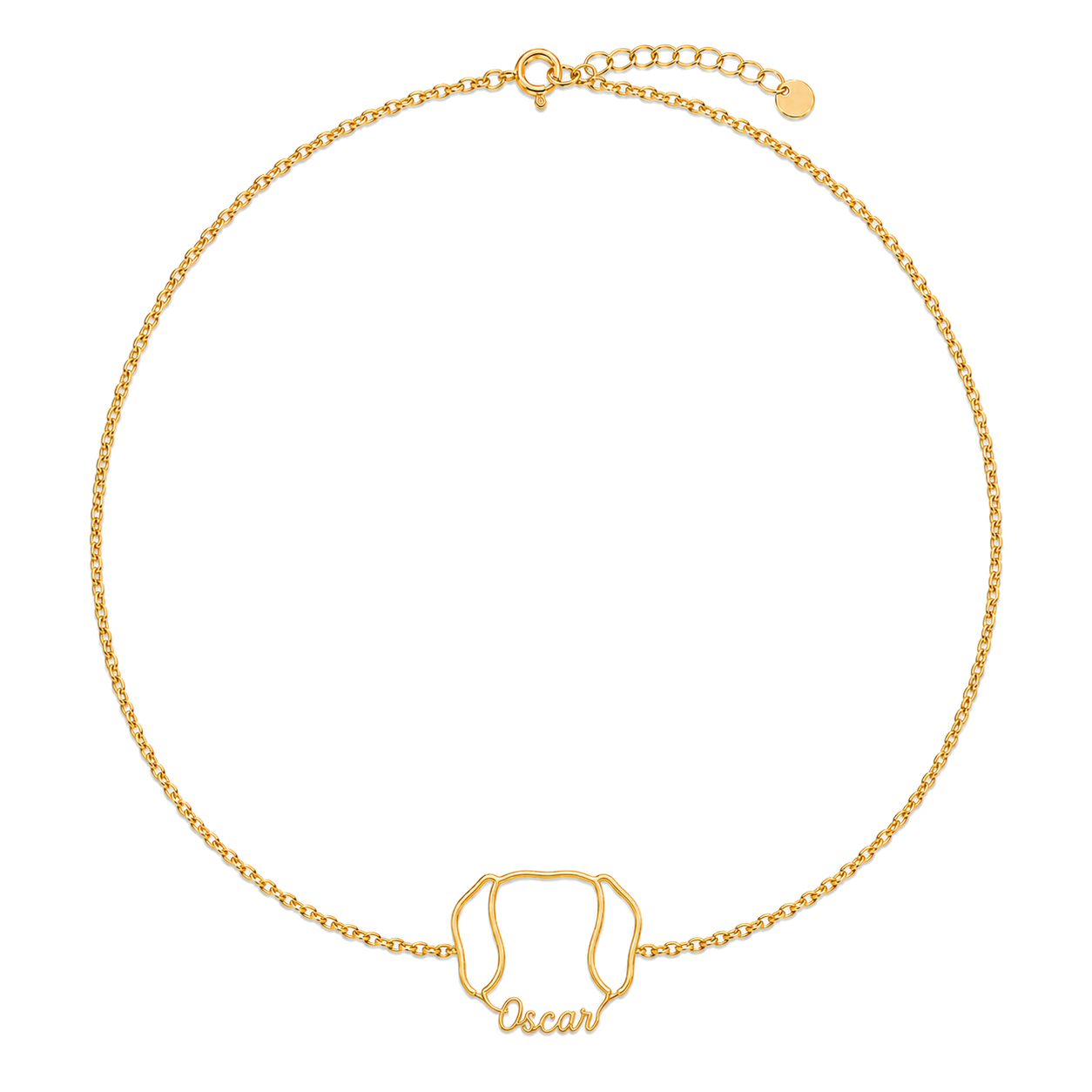 Soulyshine Dachshund - smooth coat Whisper Outline pet face and Oscar name handcrafted bracelet - 18K Gold Vermeil front