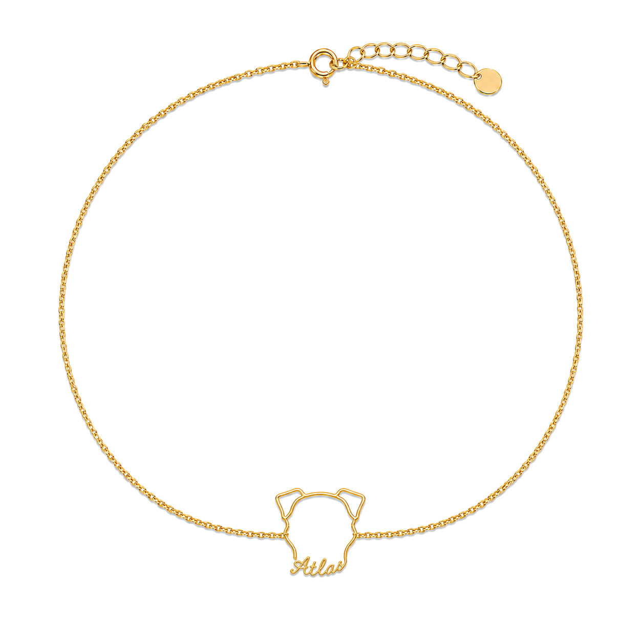 Soulyshine Danish Whisper Outline pet face and Atlas name handcrafted bracelet - 18K Gold Vermeil front