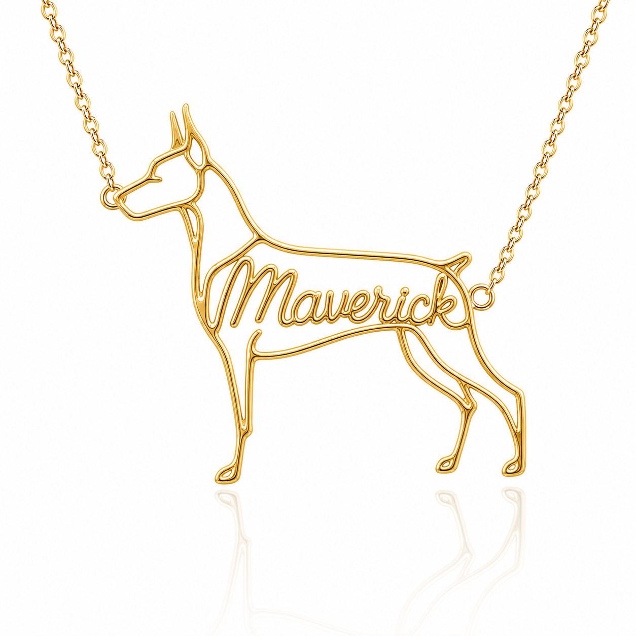 Soulyshine Doberman Pinscher personalized dog silhouette name necklace in gold - Maverick design