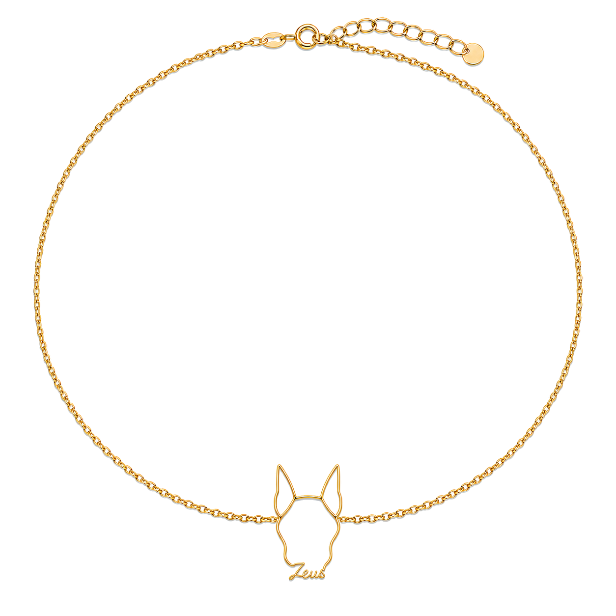 Soulyshine Doberman Pinscher Whisper Outline pet face and Zeus name handcrafted bracelet - 18K Gold Vermeil front