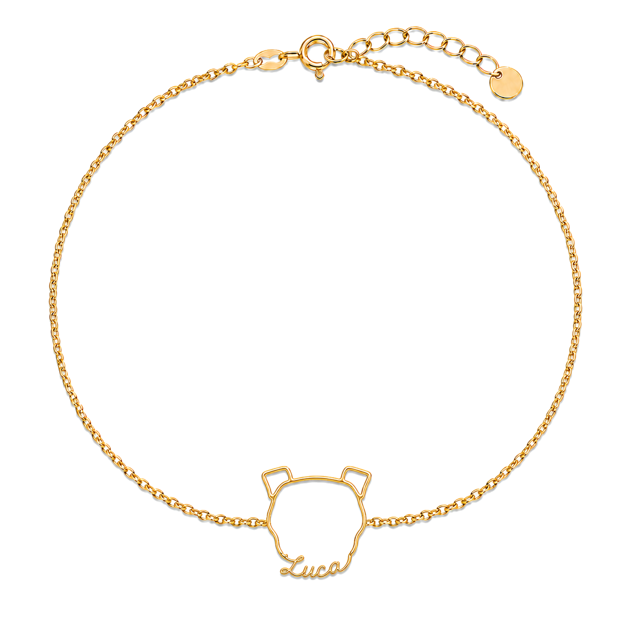 Soulyshine Dogo Argentino Whisper Outline pet face and Luca name handcrafted bracelet - 18K Gold Vermeil front