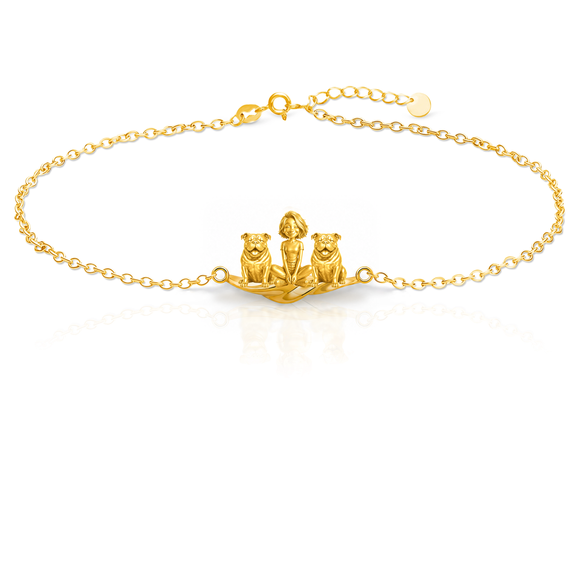 English-Bulldog Personalized Girl And Her Pets Bracelet - 10K Solid Gold - Front