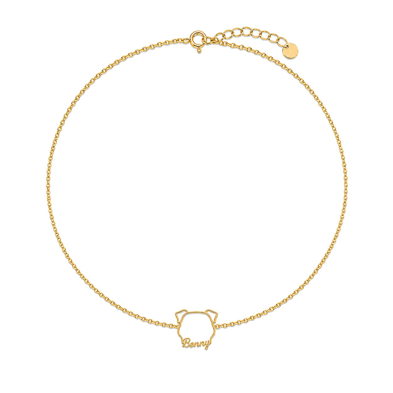 Soulyshine English Bulldog Whisper Outline pet face and Benny name handcrafted bracelet - 18K Gold Vermeil front